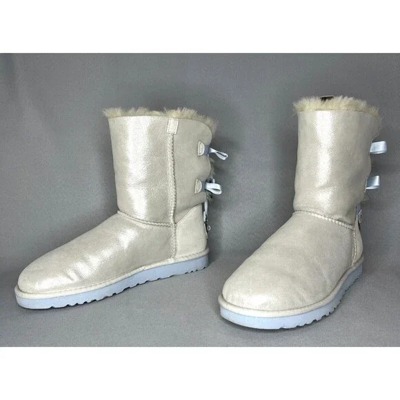 Women's 9 UGG Boots Bailey Bow I DO Crystal Shimmer White Silver Baby Blue RARE - Picture 8 of 16